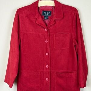 Fuda Red Faux Suede Shacket Button Front Blazer Jacket; Size L